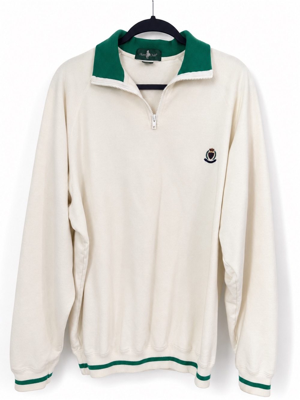 Vintage Hunt Club Quarter Zip Sweatshirt Cream Green Embroidered Crest Preppy M
